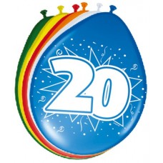 Gekleurde Leeftijdsballon: 20 Jaar 8 st.